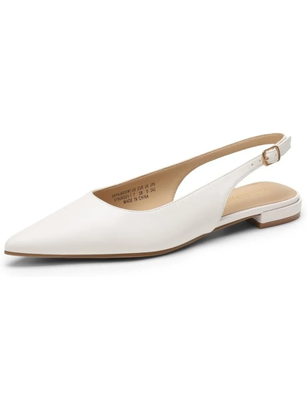 Women's White Leather Slingback Pointed Toe Ballet Flat Buckle Strap Dress Shoes